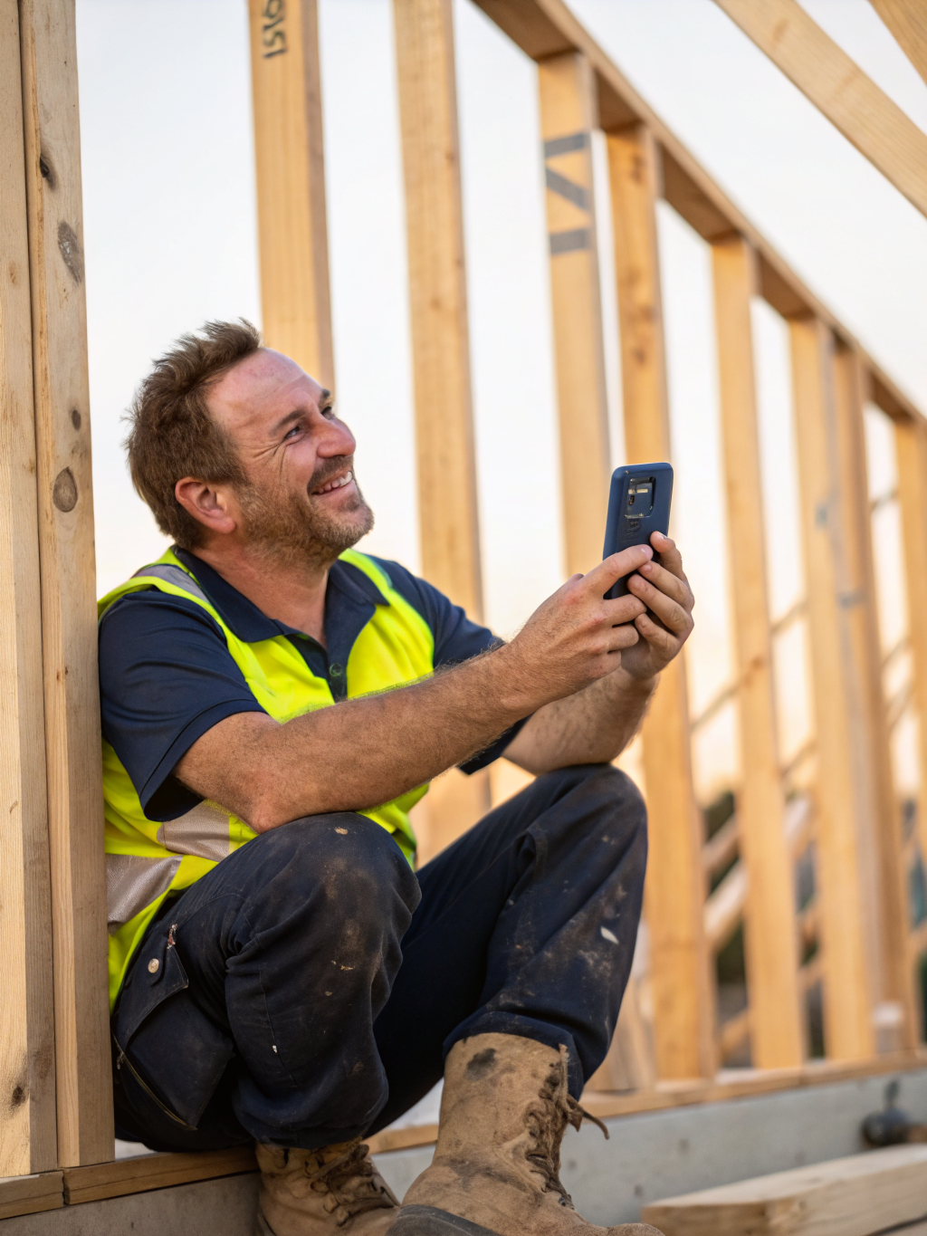 Australian tradie on a construction site with an example Google search for Carpenter Sydney, area suggestions, and review listing