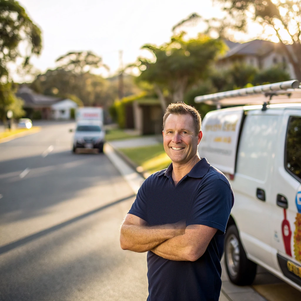 Australian tradie on the job with an example Google search for Electrician Sydney, area suggestions, and review listing